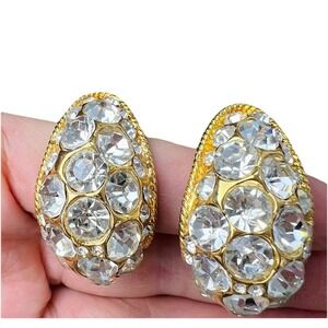 VINTAGE Blanca Crystal Hoop Clip Ons Sparkling Crystal Diamante Rhinestone 1.5"